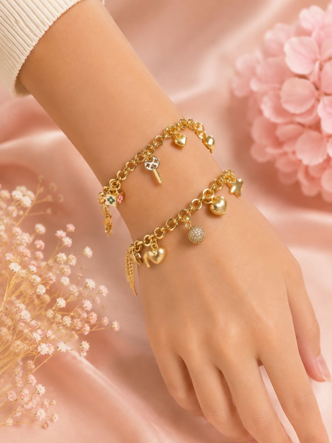 Gold Turkuaz Çiçekli Charm Bileklik görsel 2
