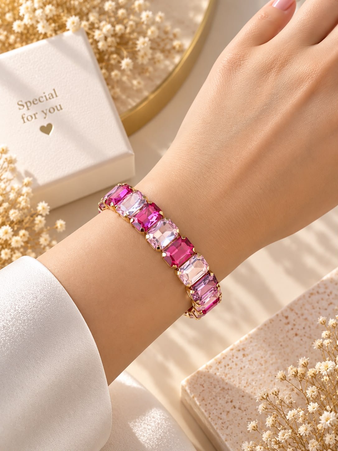 Lal Pink Crystal Pembe Taşlı Gold Bileklik