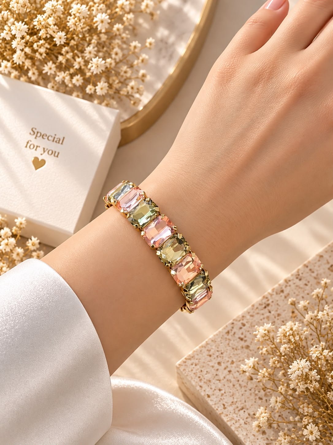Lal Pastel Crystal Çok Renkli Taşlı Gold Bileklik