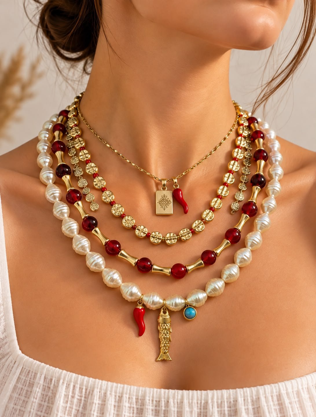 Kırmızı & Gold Madalyon Kolye görsel 2